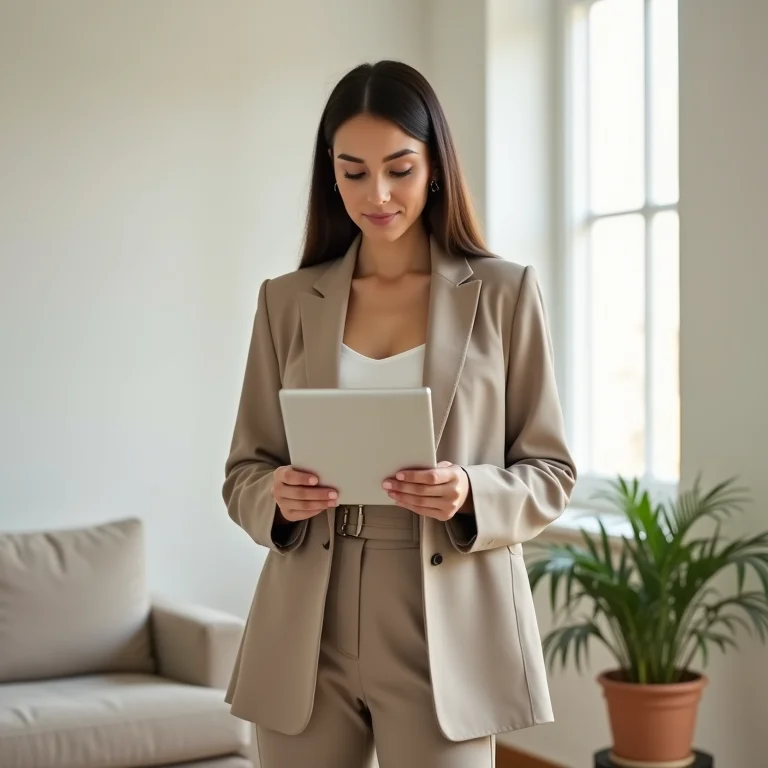 Mulher elegante com conjunto de alfaiataria no home office