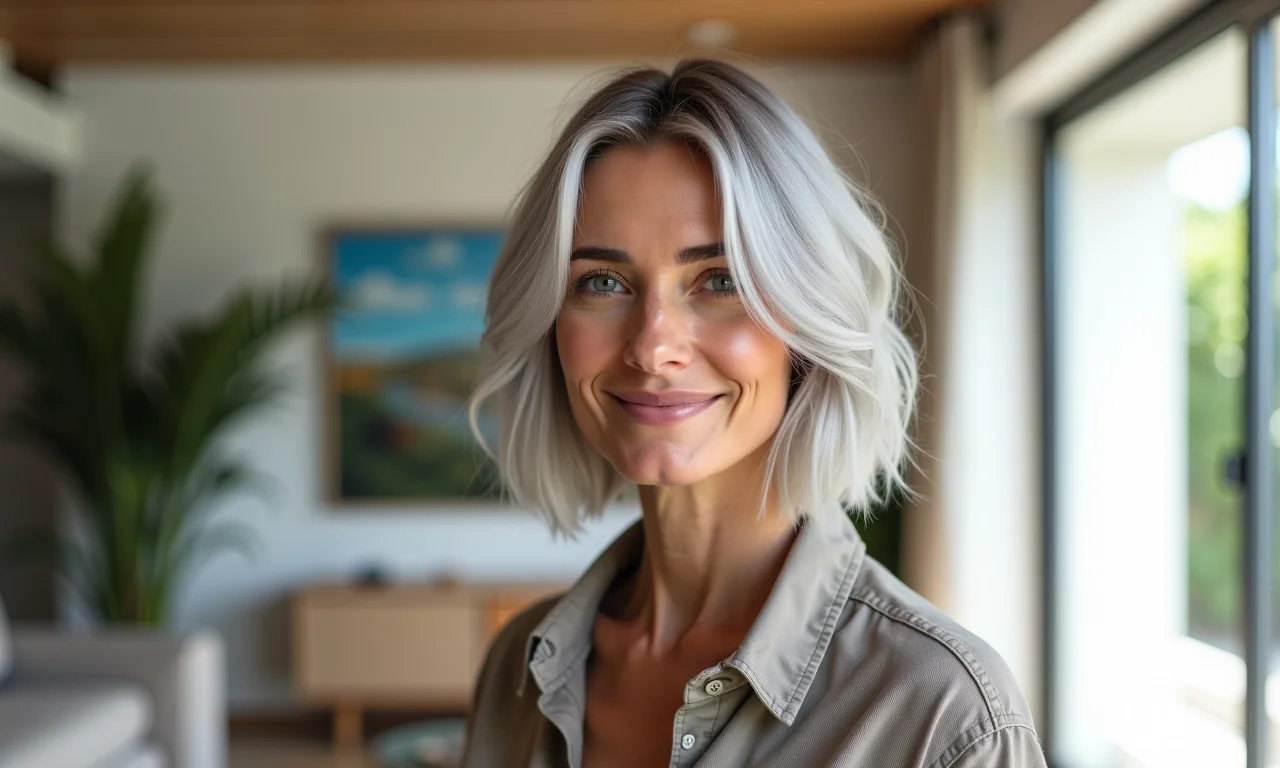 Mulher elegante com corte moderno exibe seus cabelos grisalhos.