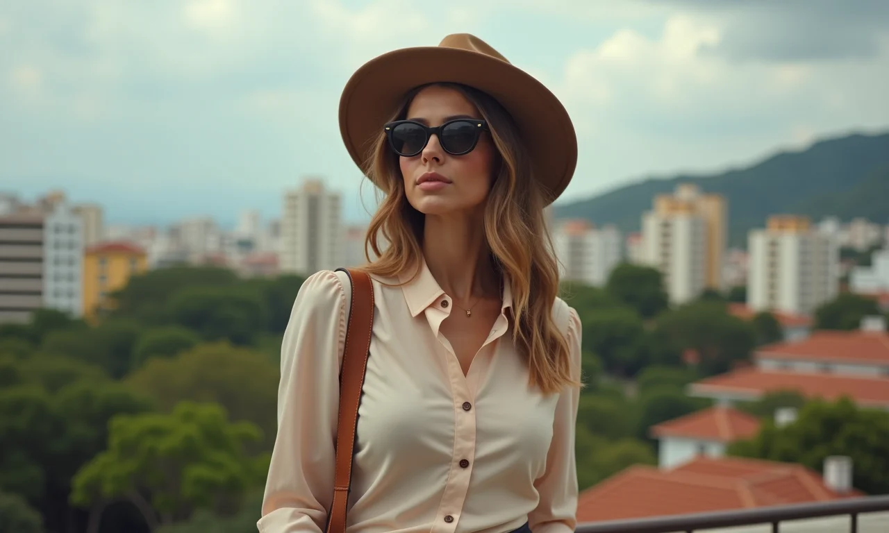 Mulher elegante com roupa atemporal, priorizando a essência.
