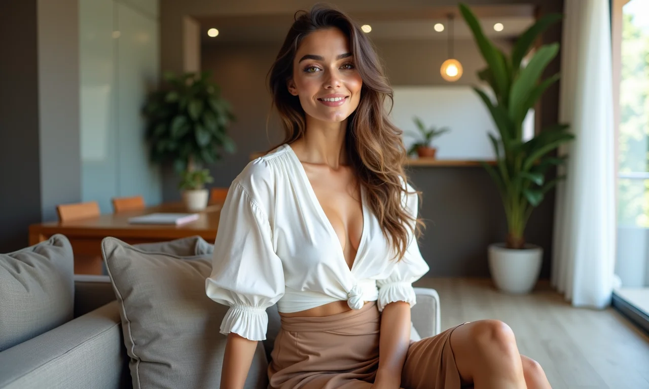 Mulher elegante com saia envelope e blusa ciganinha branca sentada em apartamento moderno.
