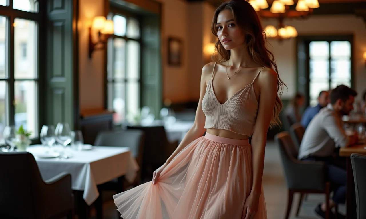 Mulher elegante com saia midi e blusa estilosa em restaurante romântico.