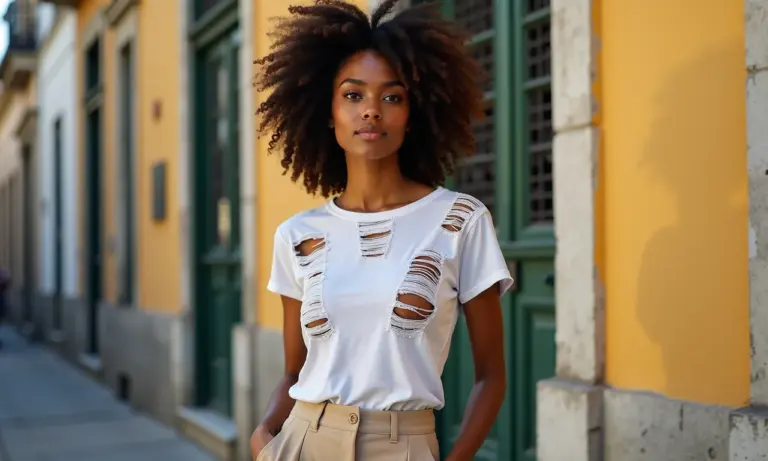 Mulher elegante com t-shirt podrinha e calça de alfaiataria em cenário urbano brasileiro.
