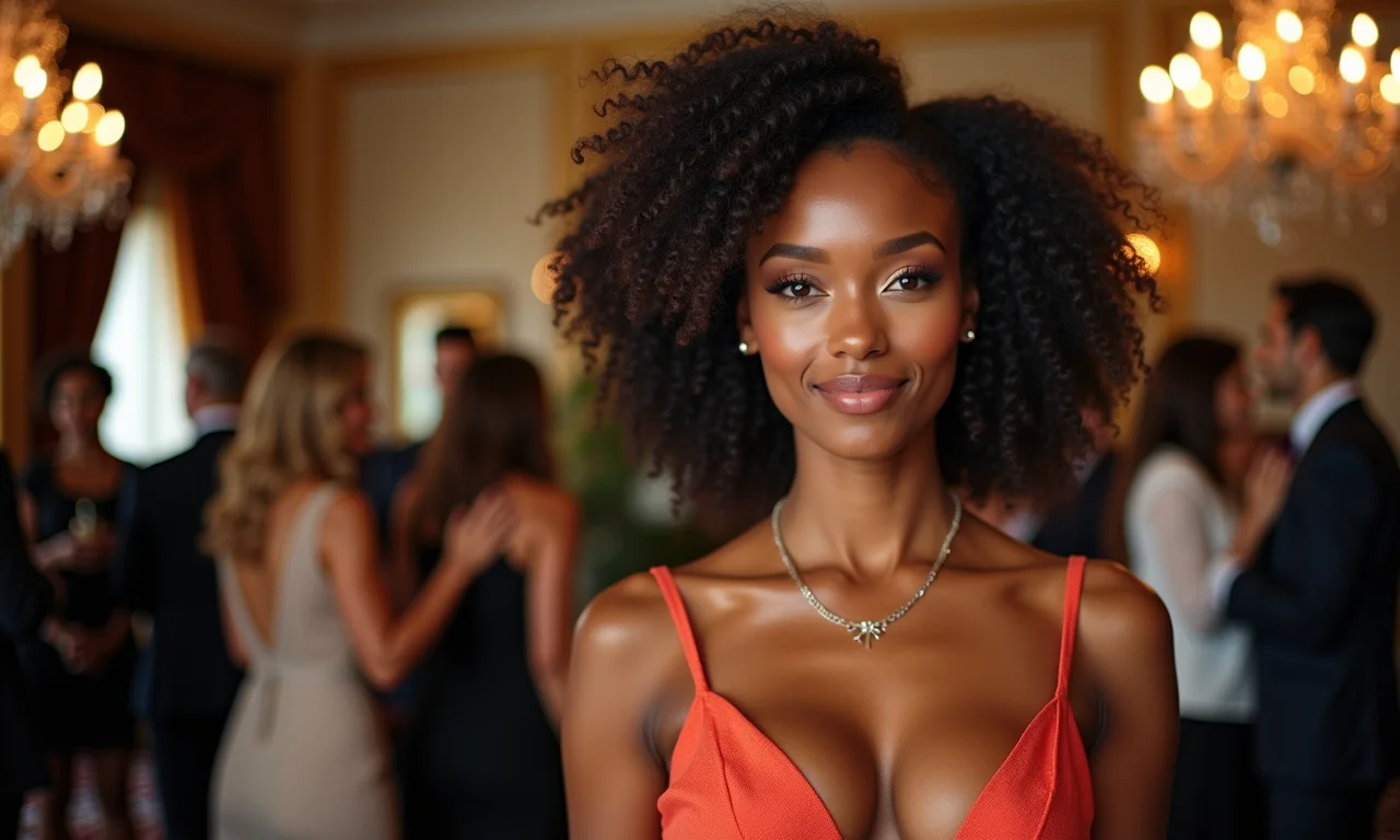 Mulher elegante com vestido longo em festa de bodas sofisticada.