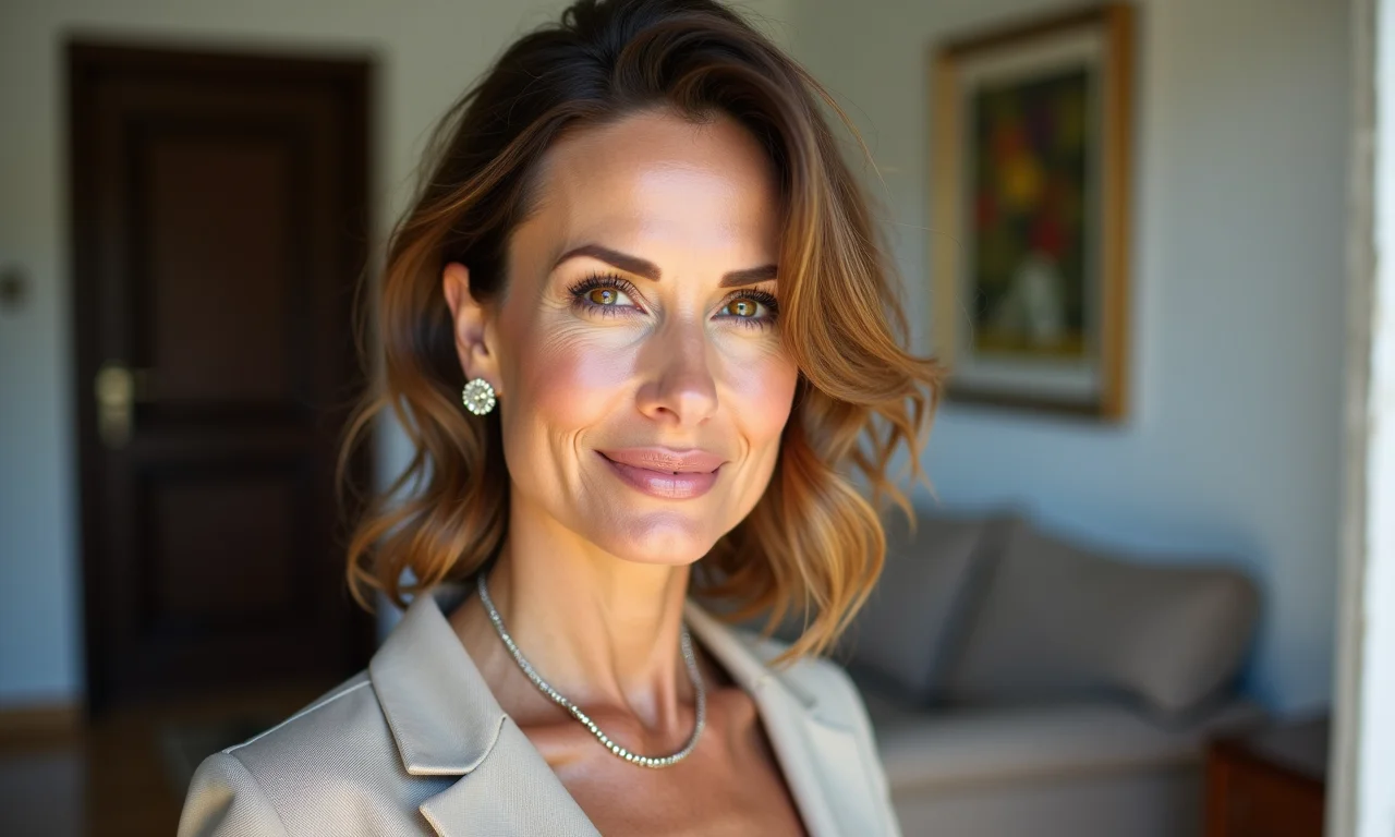 Mulher elegante de 40 anos usando acessórios estilosos em apartamento moderno.