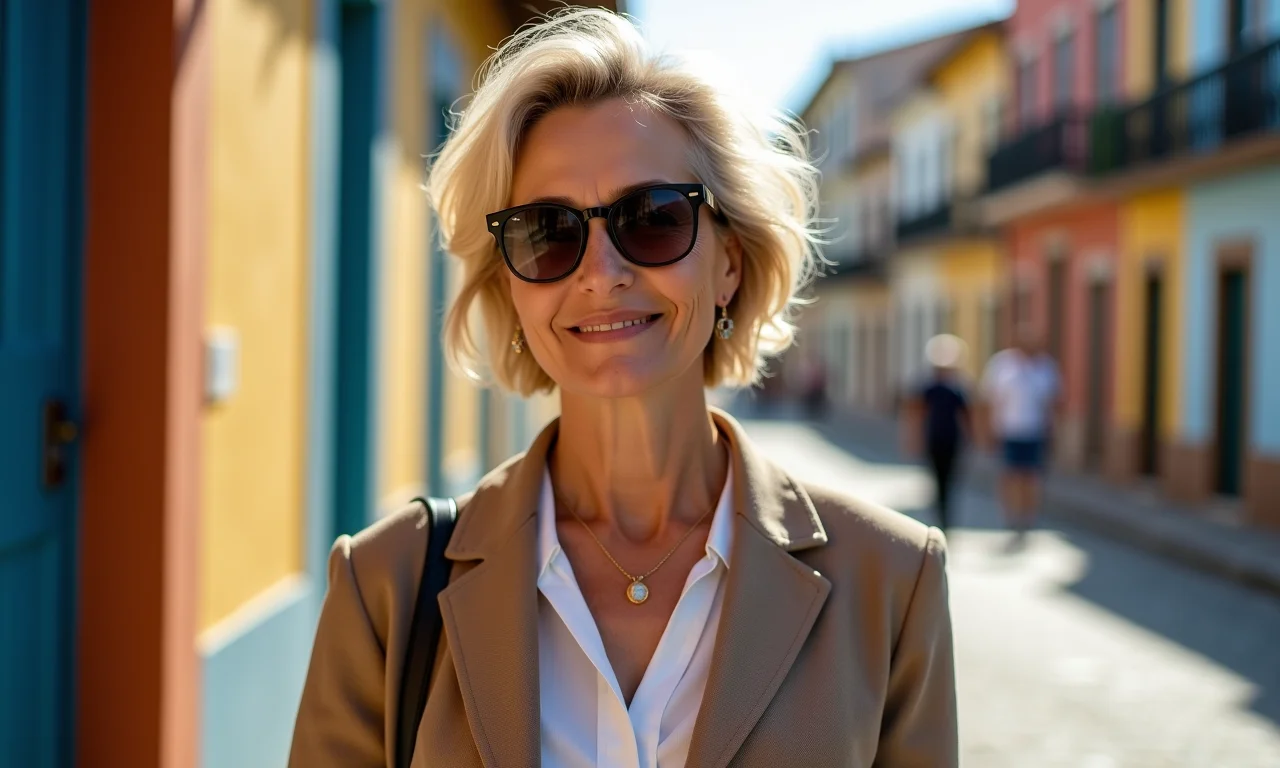 Mulher elegante de 40 anos vestindo roupas casuais sofisticadas em uma rua brasileira.