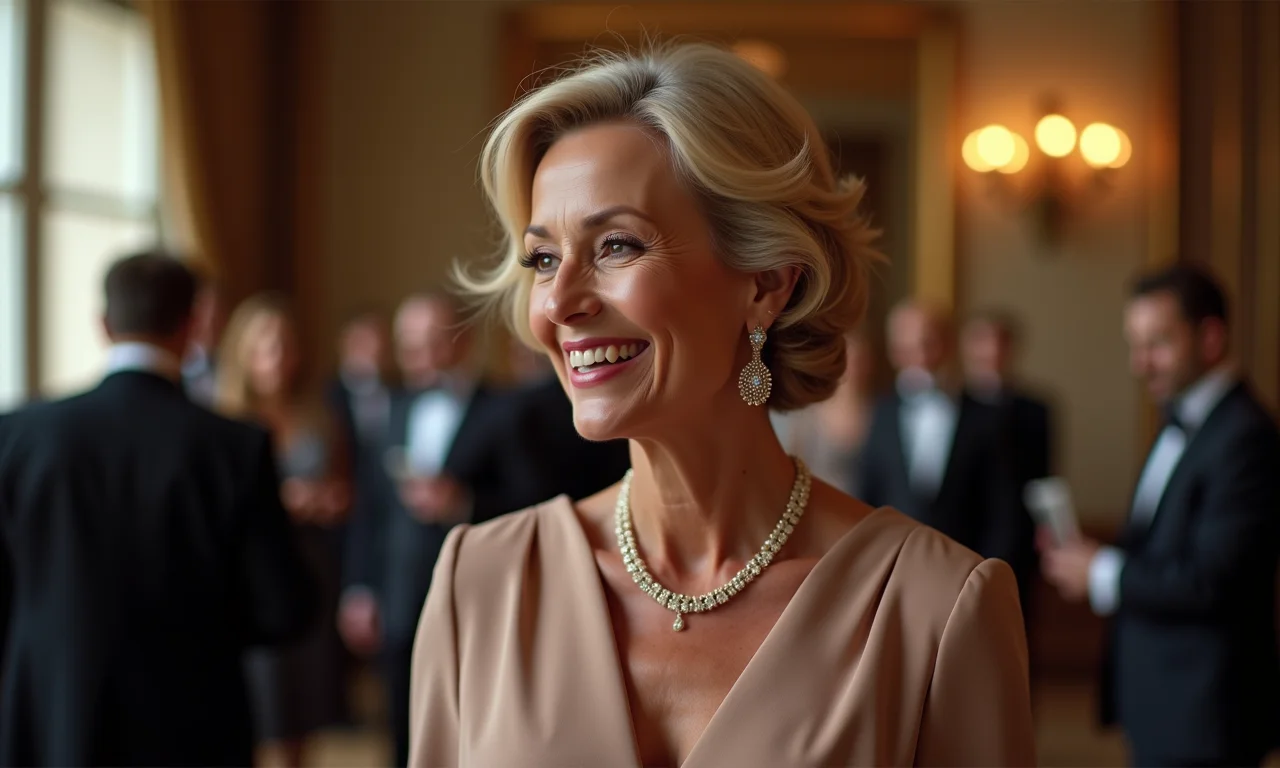 Mulher elegante de 50 anos vestindo um look sofisticado em um evento formal em São Paulo.