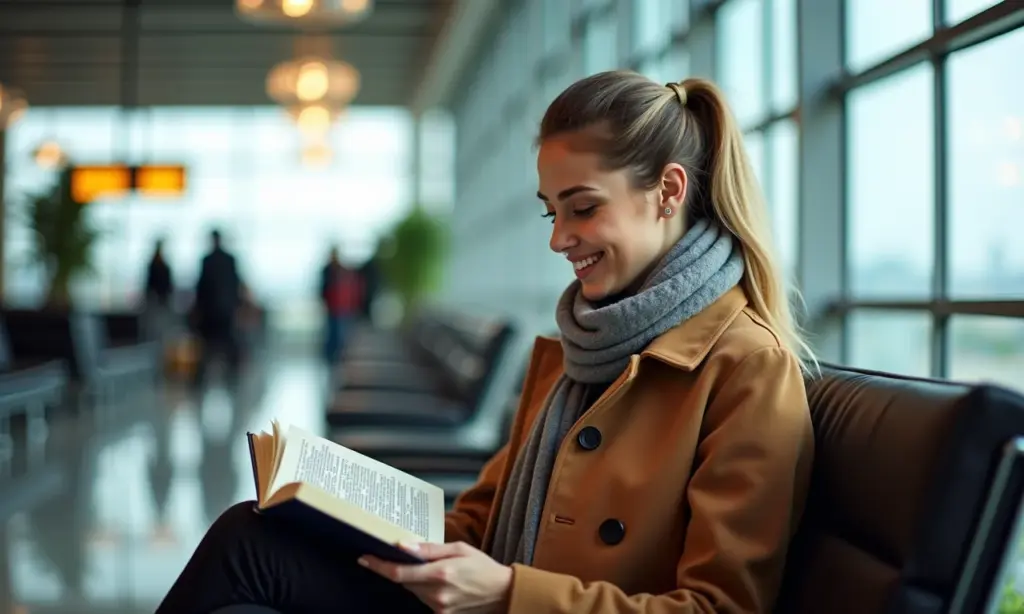 Mulher elegante em aeroporto vestindo roupa de inverno confortável para viagem longa.