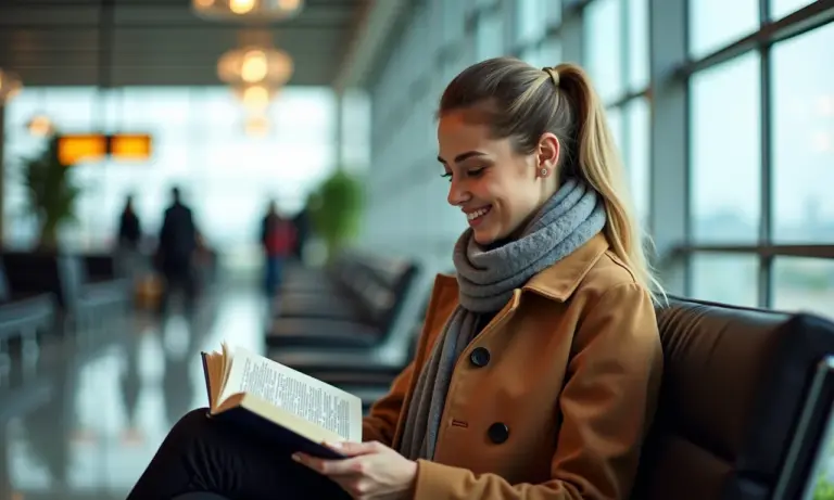 Mulher elegante em aeroporto vestindo roupa de inverno confortável para viagem longa.