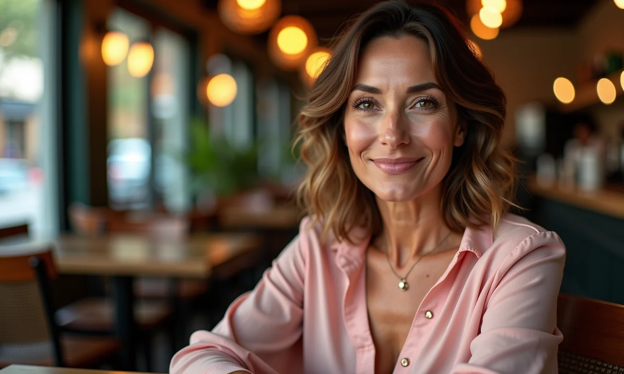 Mulher elegante em café usando conjuntinho chique, transmitindo elegância sem esforço.