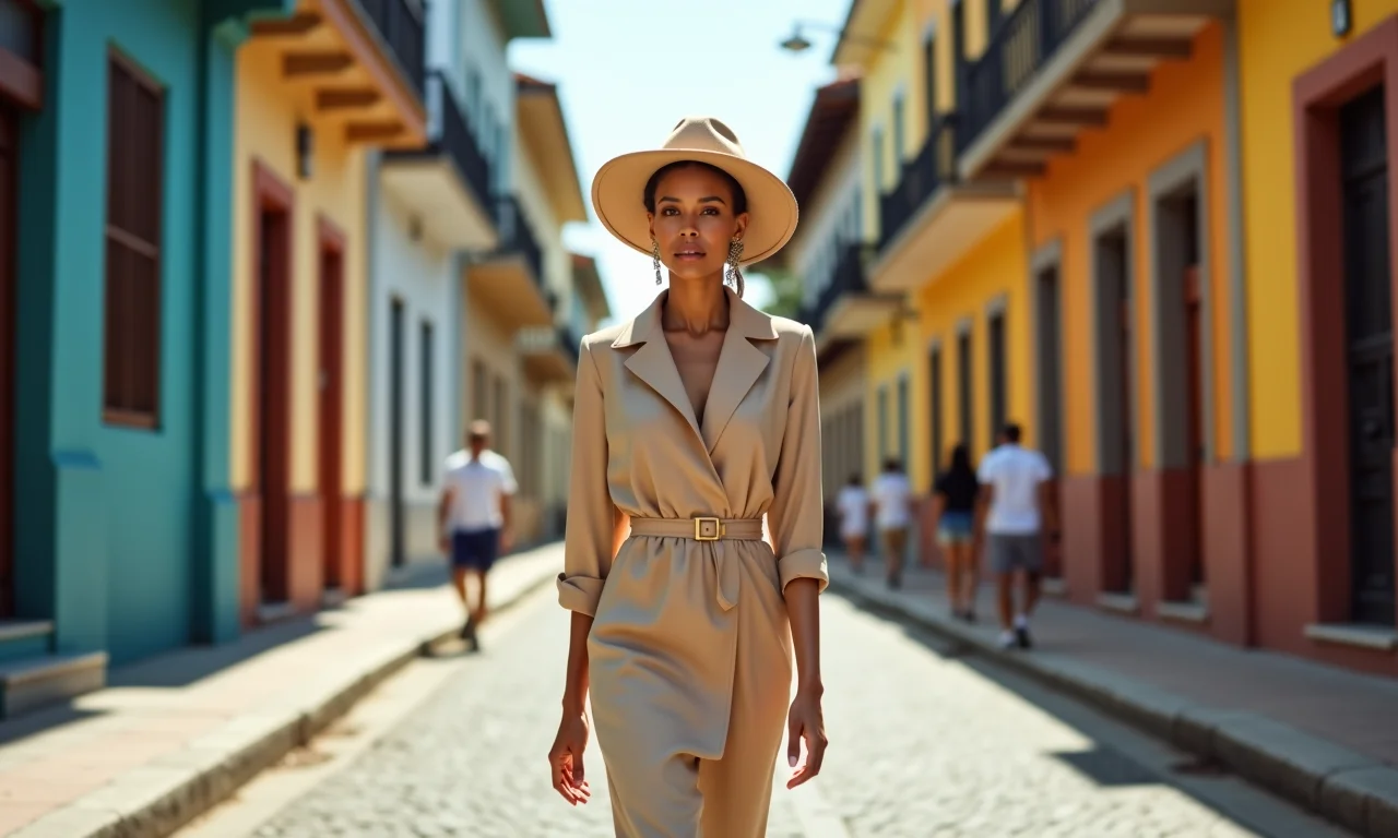 Mulher elegante em look tom sobre tom bege, caminhando em rua vibrante do Rio de Janeiro.