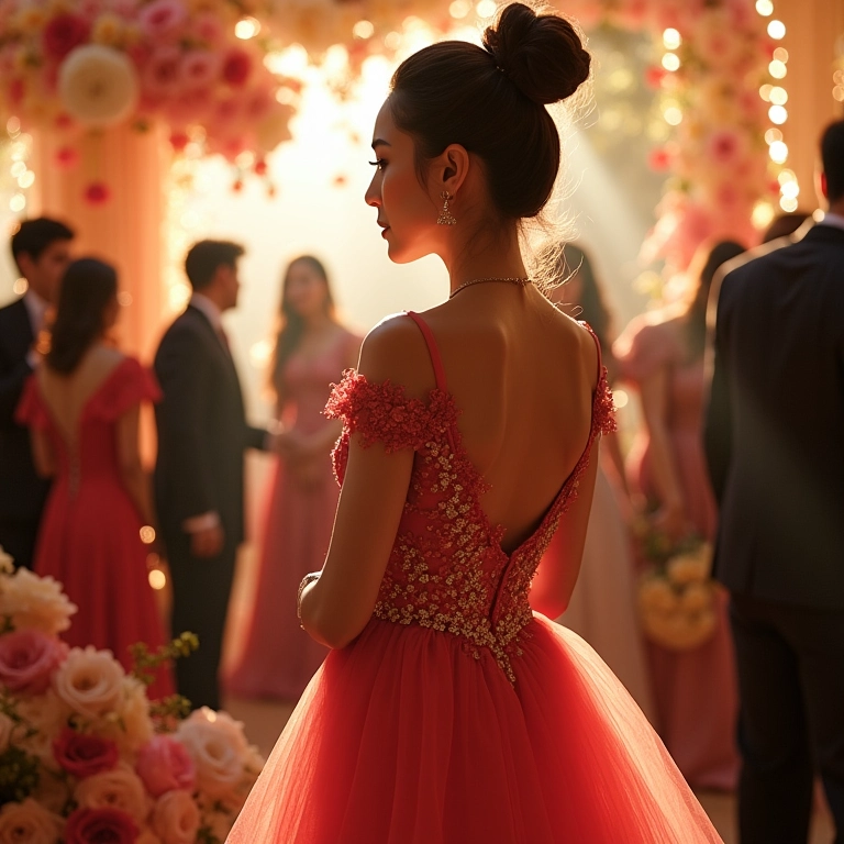 Mulher elegante em vestido de gala em recepção de casamento.