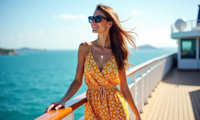 Mulher elegante em vestido de verão estiloso no deck de um cruzeiro, com o oceano ao fundo.