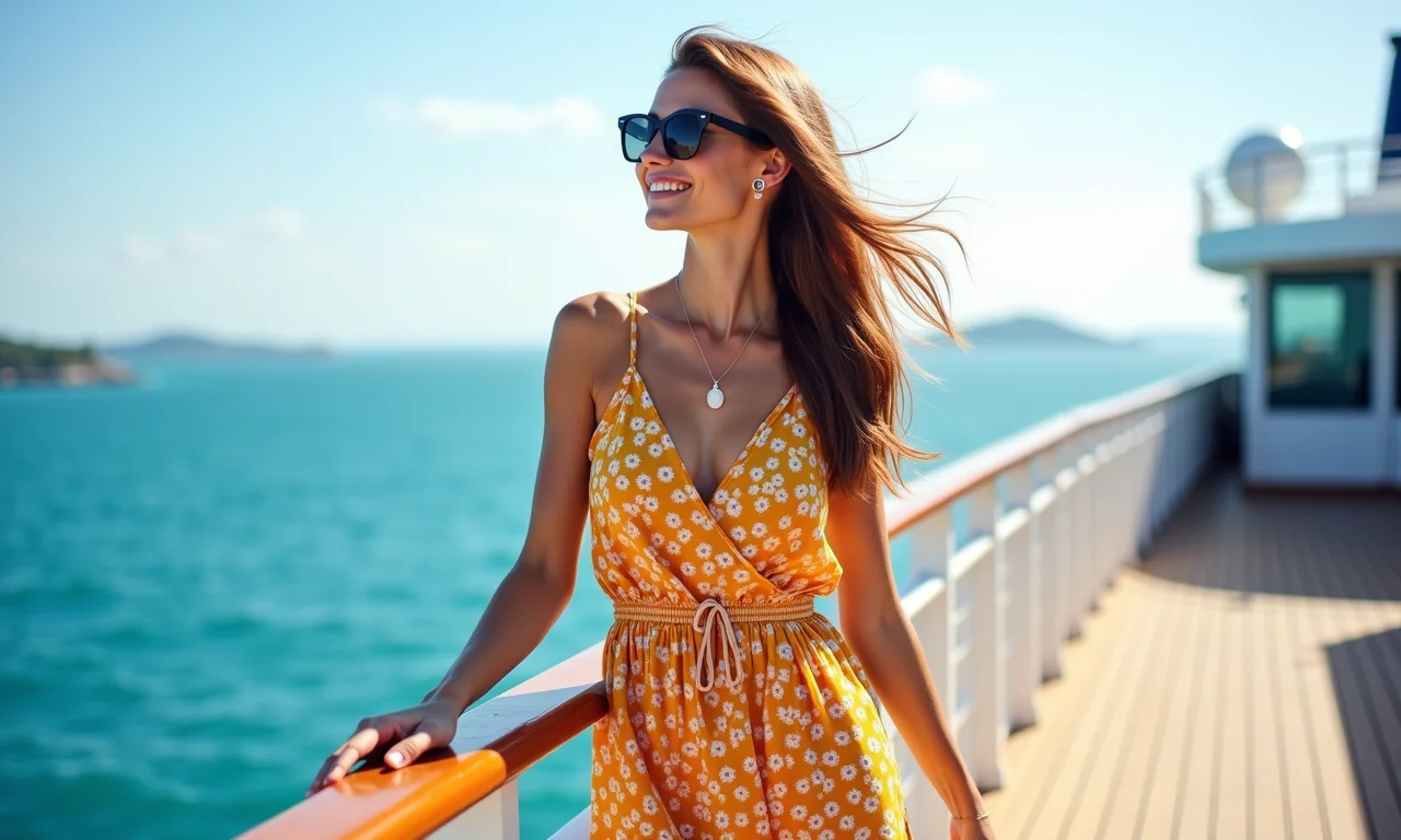 Mulher elegante em vestido de verão estiloso no deck de um cruzeiro, com o oceano ao fundo.