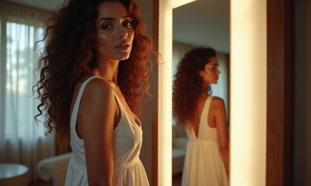 Mulher elegante posando em frente a espelho com iluminação lateral suave.