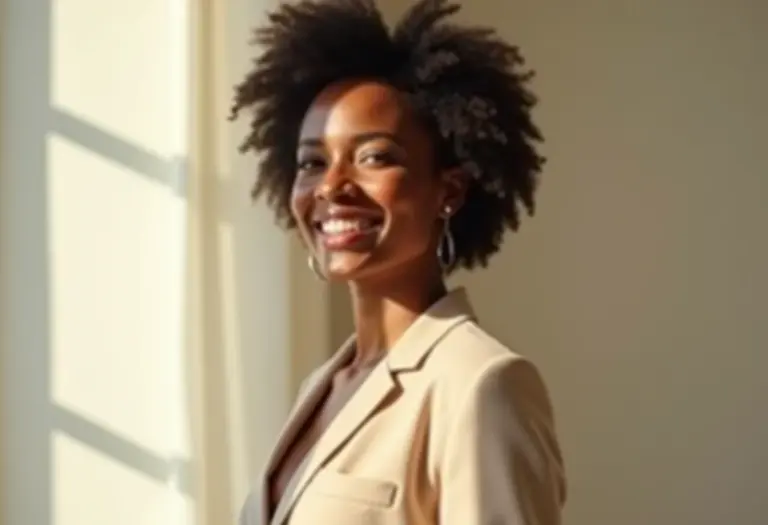 Mulher elegante sorrindo em apartamento minimalista