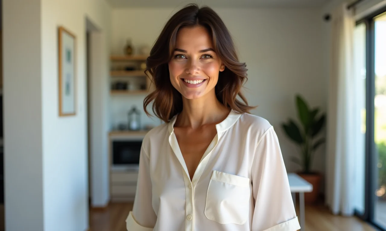 Mulher elegante usando blusa de manga 3/4 em um lar brasileiro iluminado. Fotografia lifestyle.