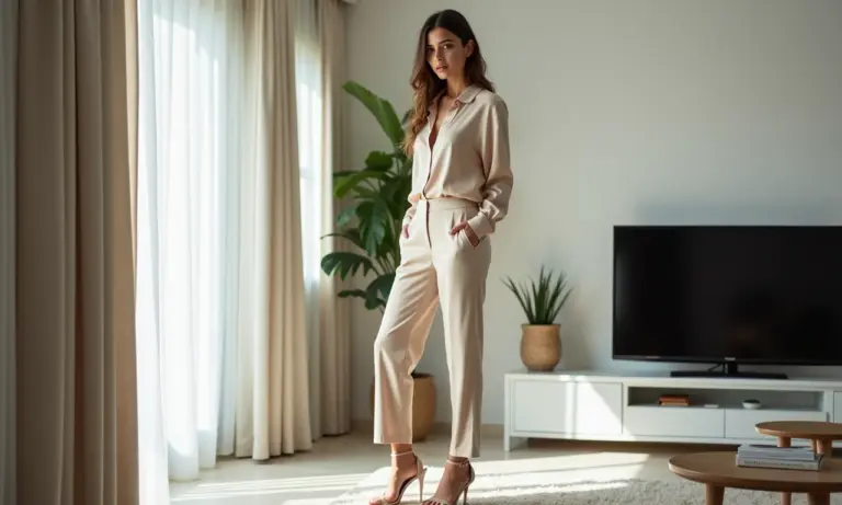 Mulher elegante usando calça clochard bege e blusa de seda.