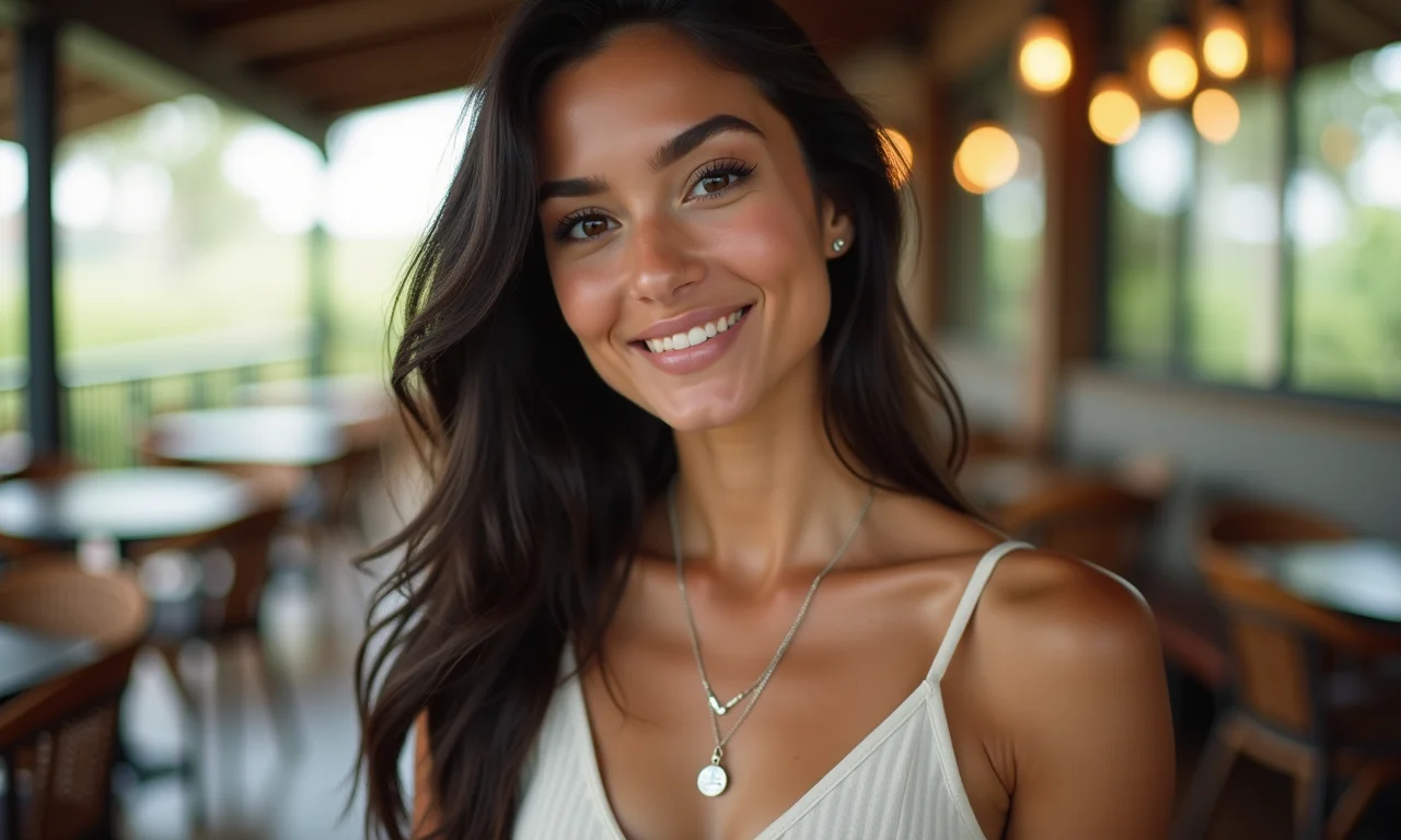 Mulher elegante usando colar de prata Vivara em café iluminado.