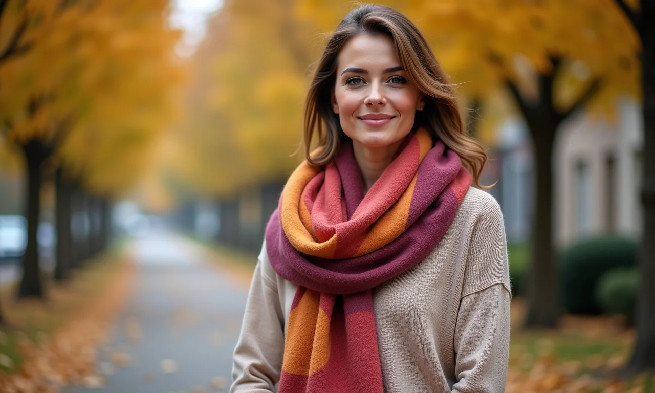 Mulher elegante usando lenço colorido sobre suéter neutro.