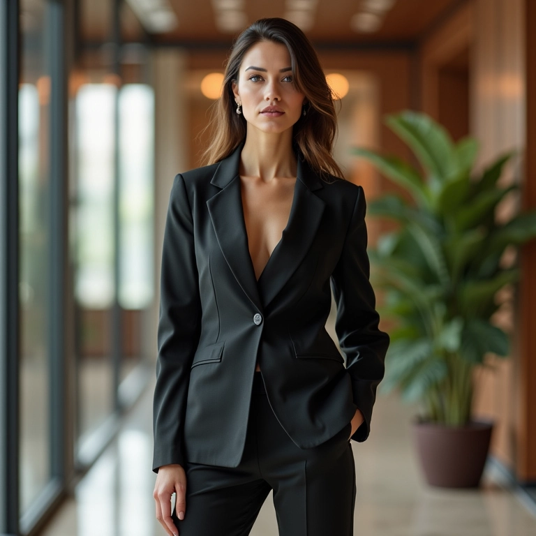 Mulher elegante usando terninho com calça pantacourt em escritório estiloso.