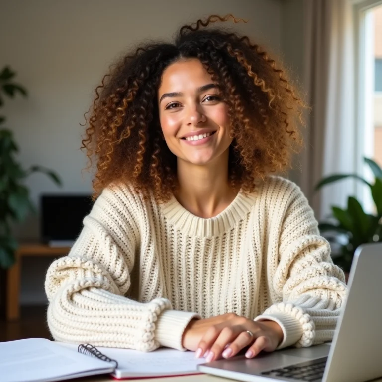 Mulher elegante usando tricô soltinho no home office