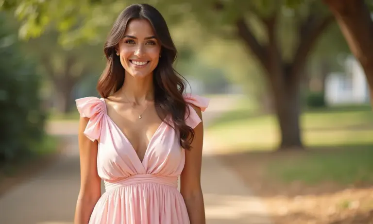 Mulher elegante vestida para um batizado, com luz natural.