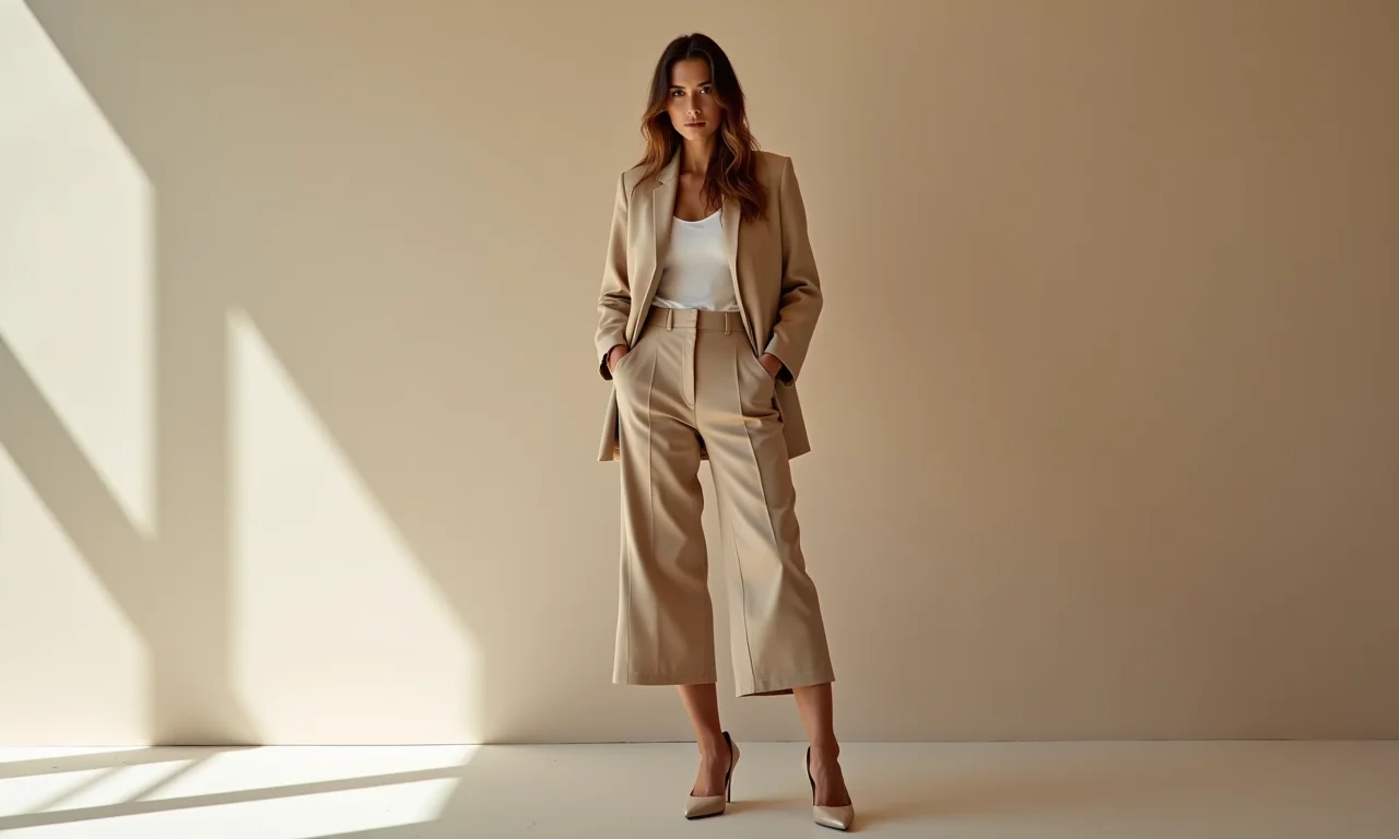 Mulher elegante vestindo roupa bege monocromática.