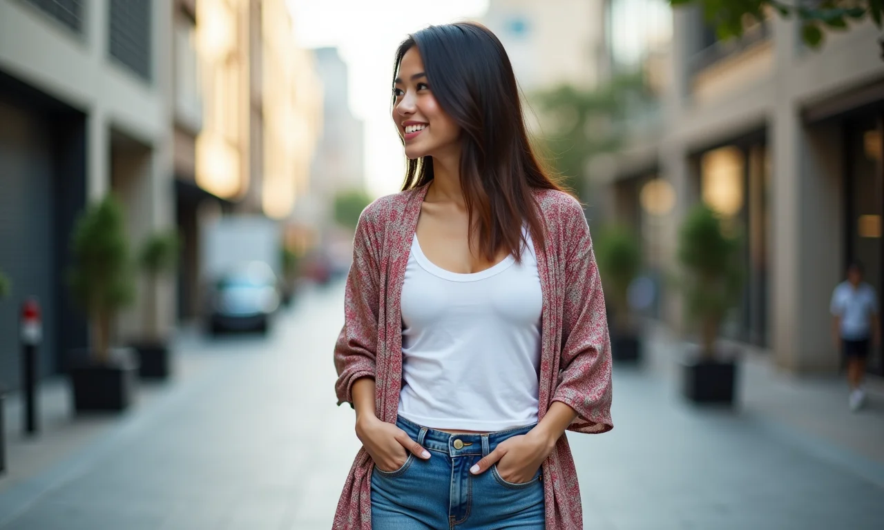 Mulher em ambiente urbano usando quimono com jeans e camiseta básica, look casual.