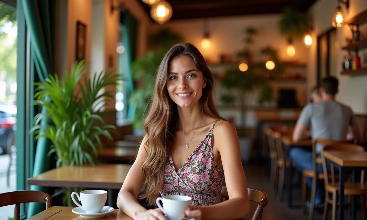 Mulher em café charmoso com vestido midi e bota de cano médio.