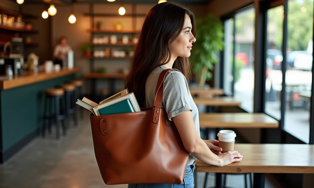 Mulher em café estiloso com bolsa tote marrom.