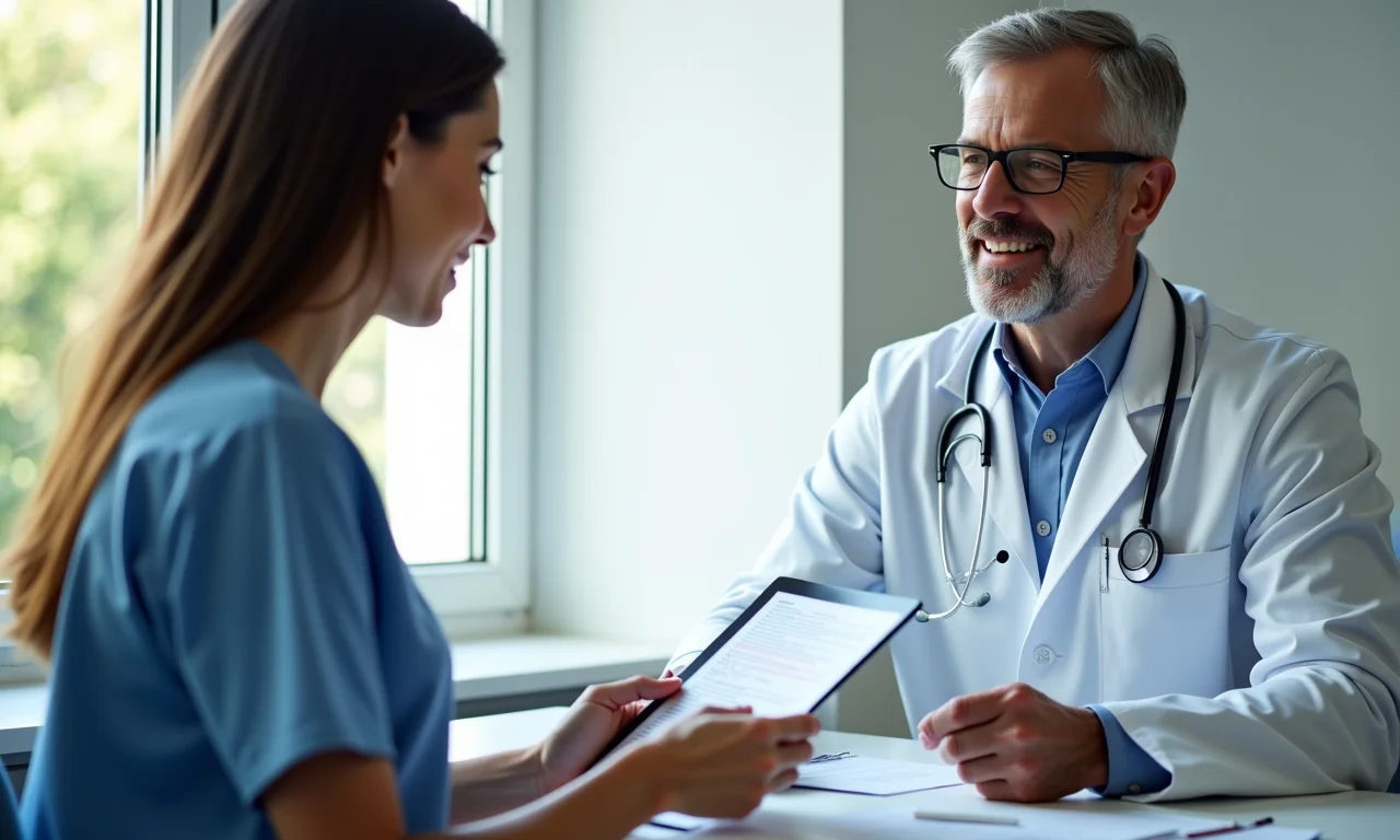 Mulher em consulta cardiológica, recebendo orientações do médico.