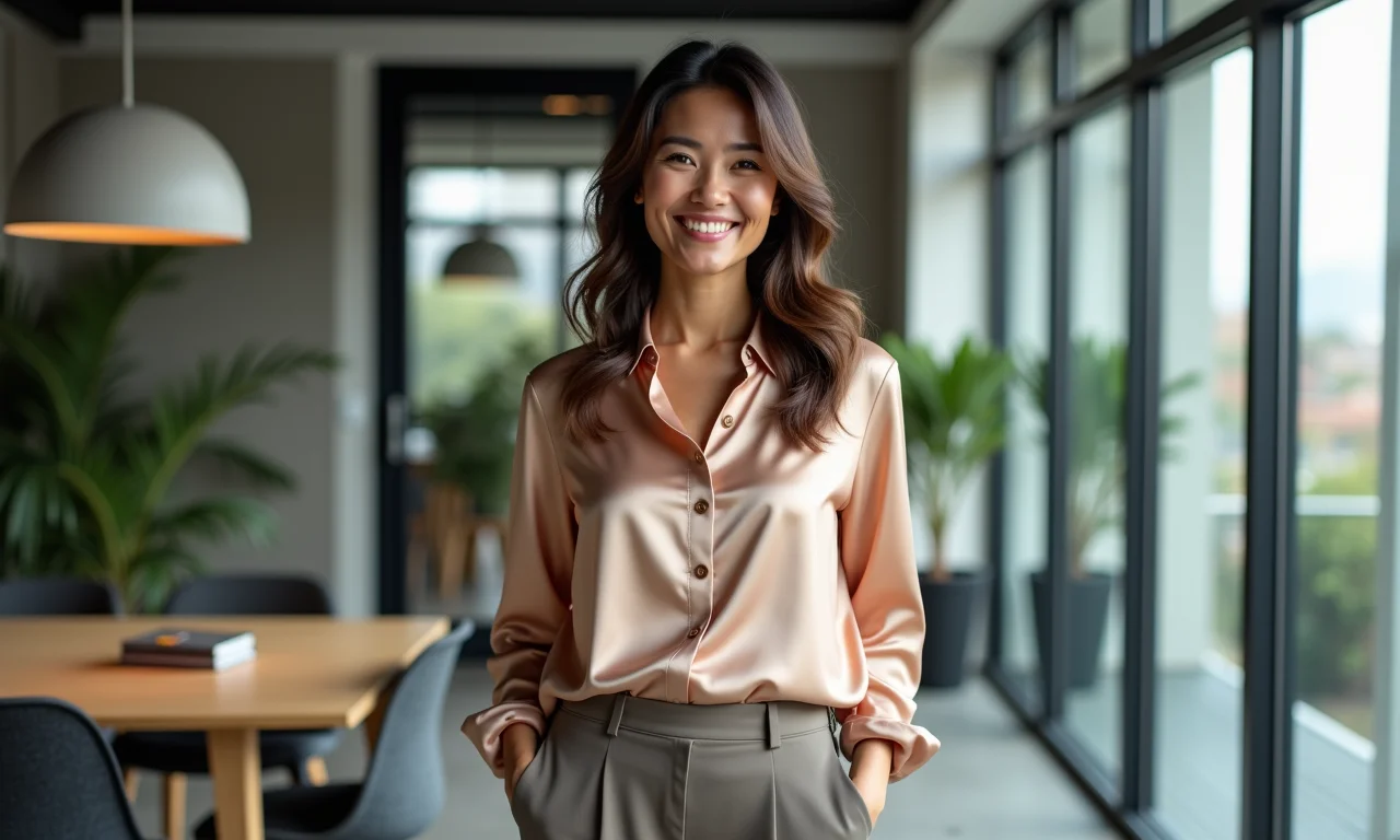 Mulher em escritório moderno com blusa de seda e calça de alfaiataria.