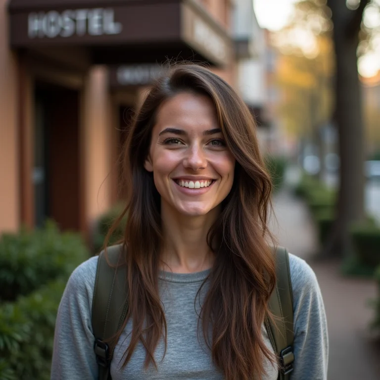 Mulher em frente a um hostel bem localizado com mochila