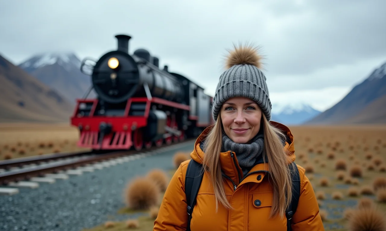 Mulher em frente ao Trem do Fim do Mundo em Ushuaia.