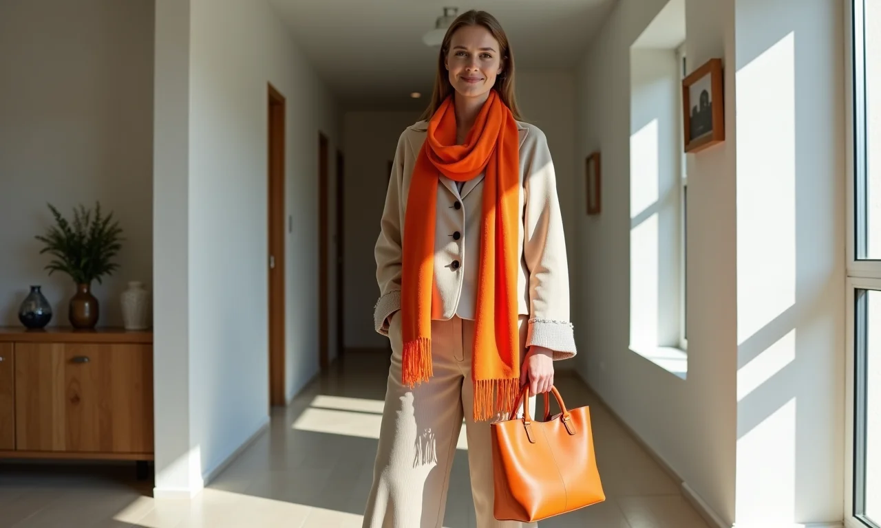 Mulher em look neutro com acessórios laranja vibrante em apartamento minimalista.