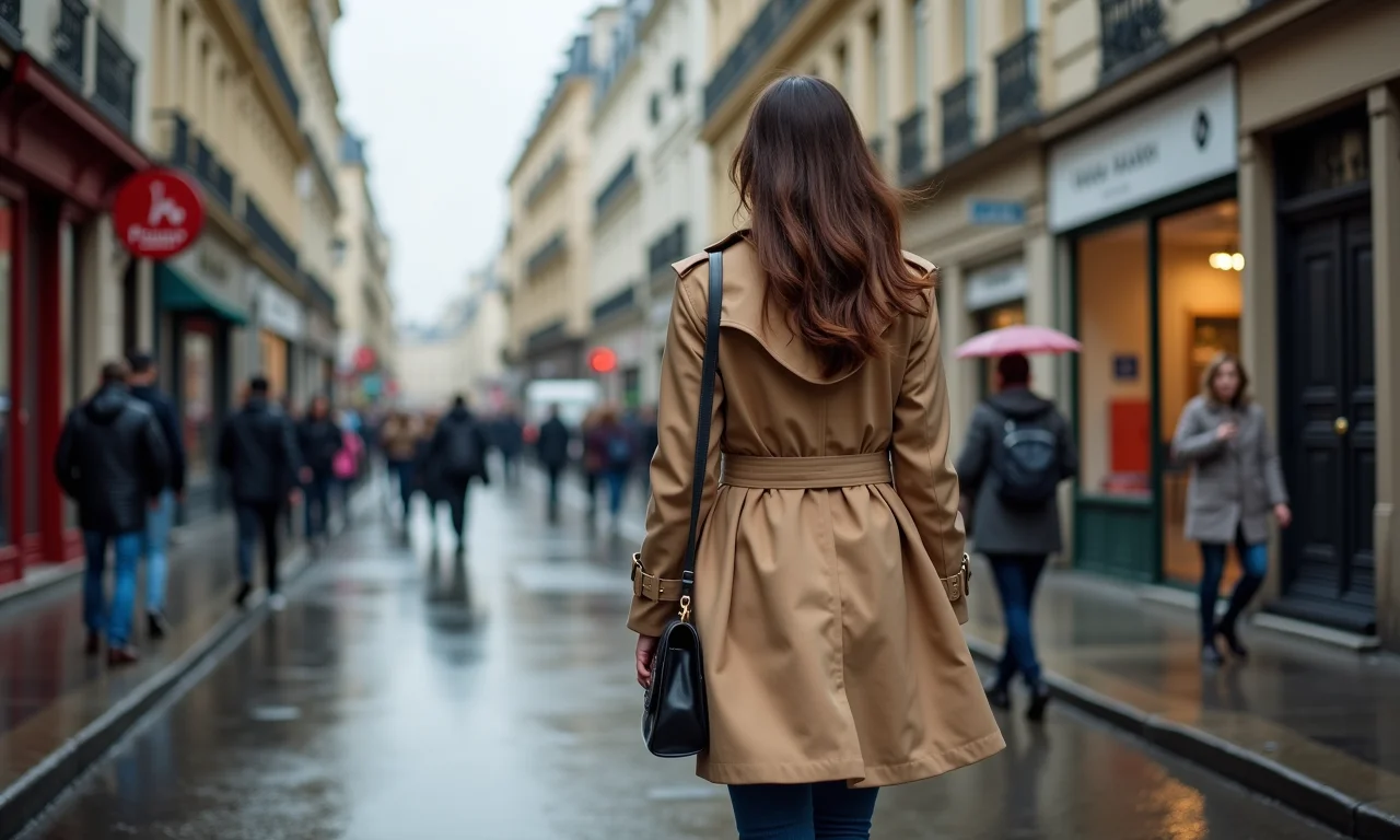 Mulher em um trench coat andando em uma rua parisiense em um dia chuvoso.