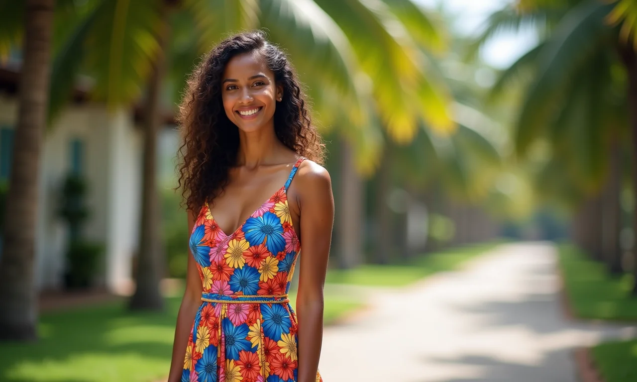 Mulher em vestido curto e colorido que combina com sua personalidade em formatura.