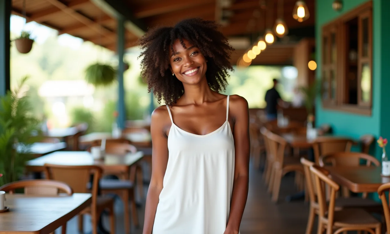 Mulher em vestido de laise branco em café vibrante.