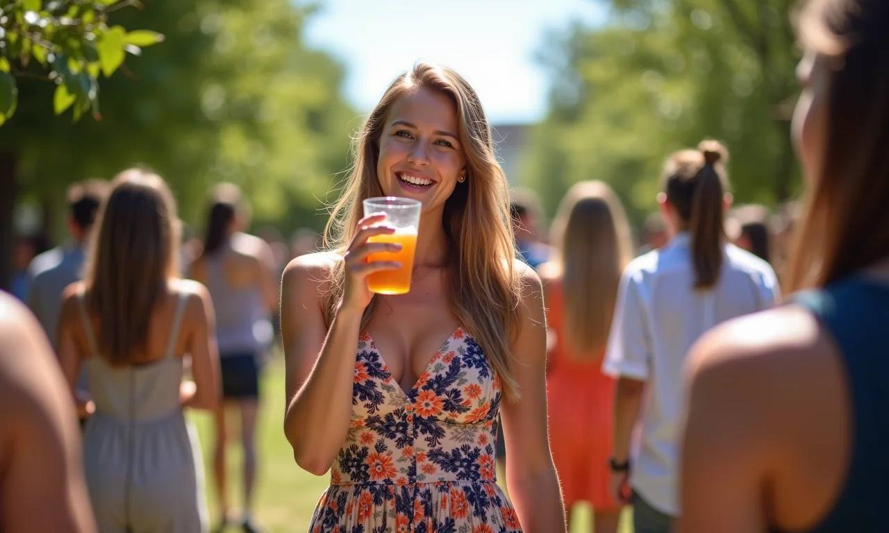Mulher em vestido floral curto em uma formatura diurna informal, conversando com colegas.