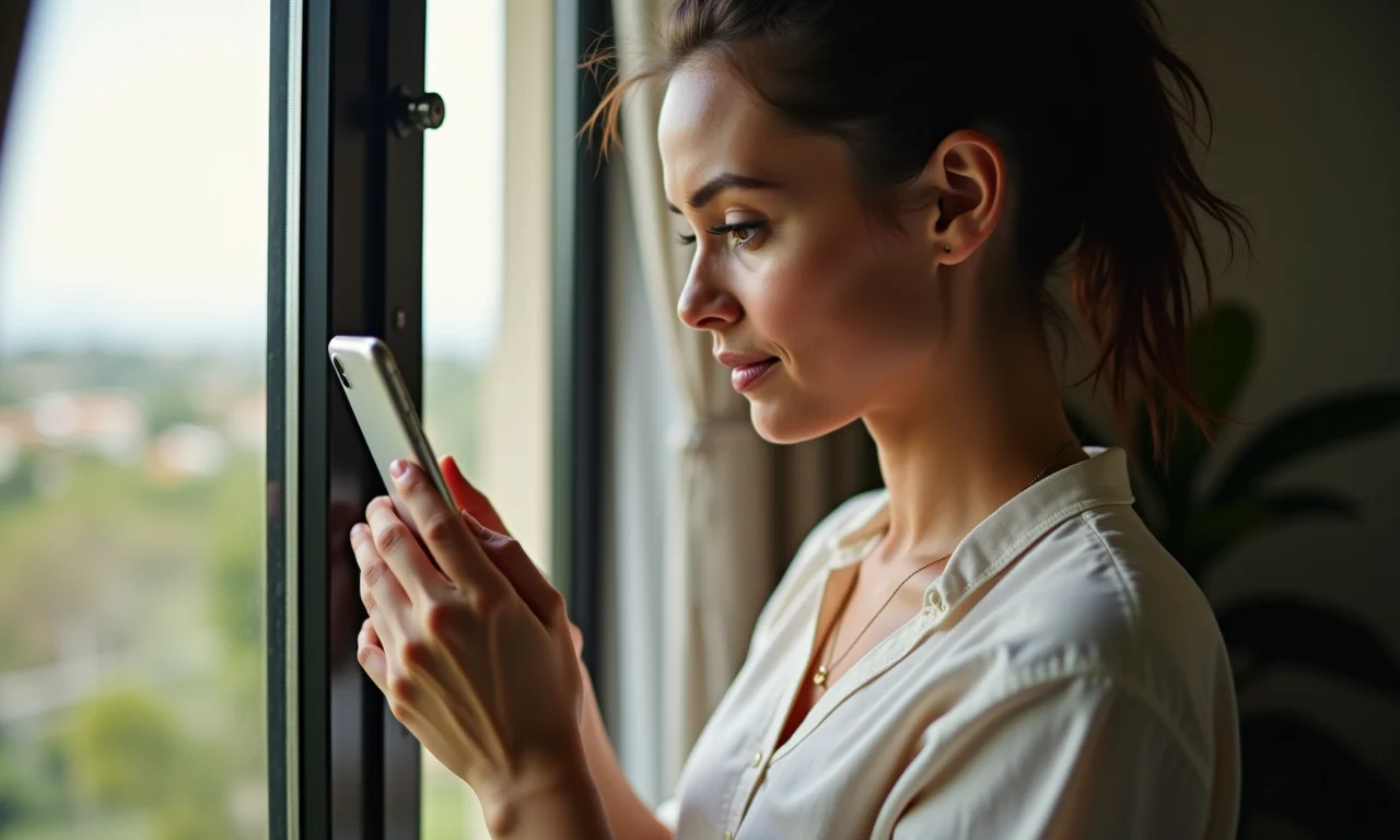 Mulher encontrando o ângulo perfeito para fotografar perto da janela.