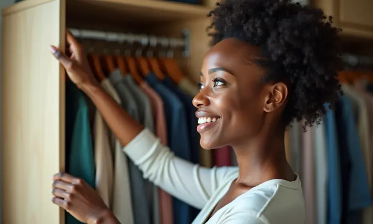 Mulher encontrando roupa rapidamente em closet organizado.
