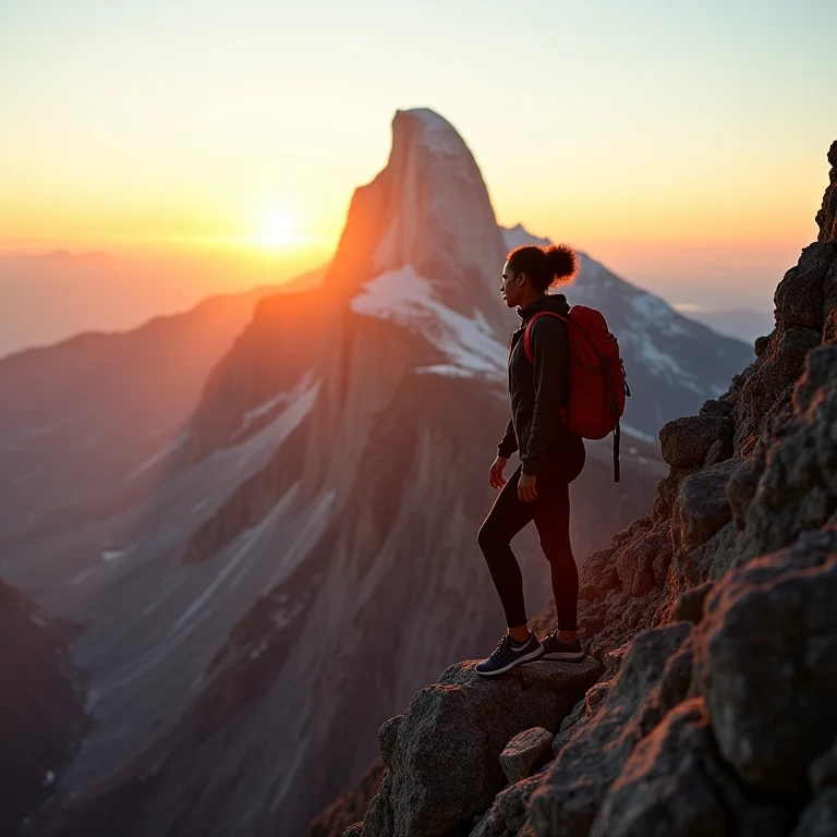 Mulher escalando o Monte Sinai ao nascer do sol
