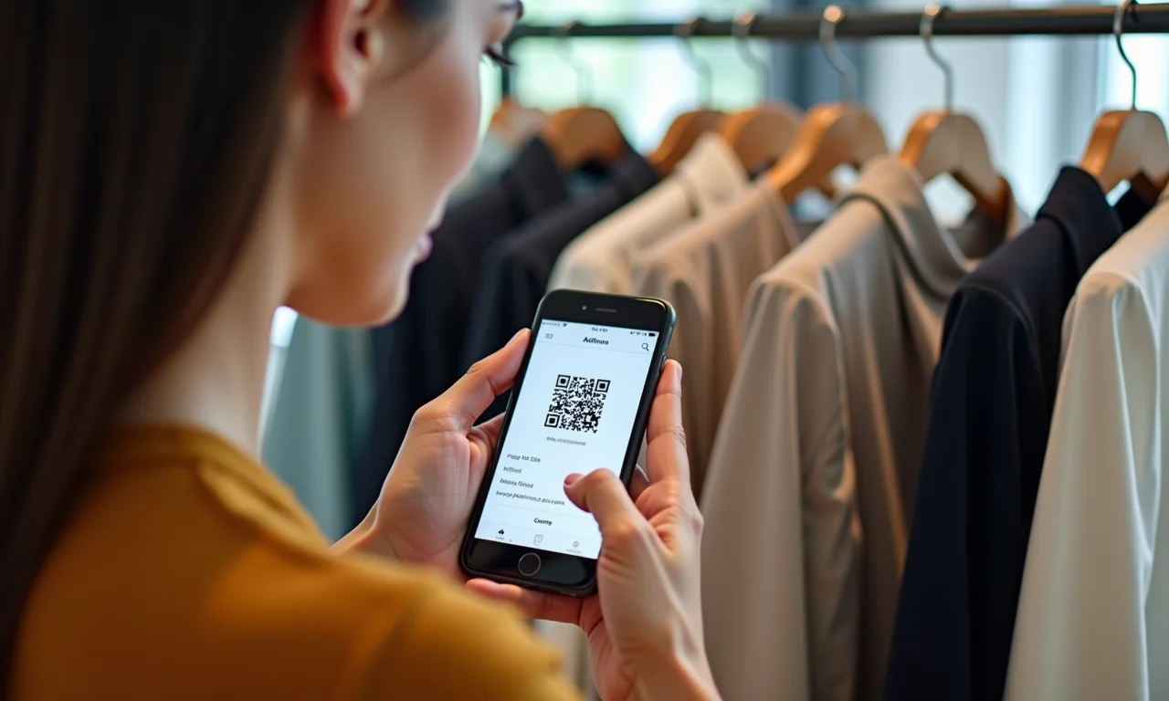 Mulher escaneando QR code em roupa slow fashion.