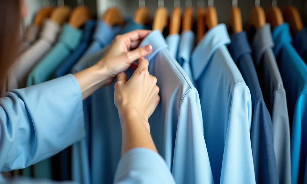 Mulher escolhendo blusa azul claro em guarda-roupa com diversas tonalidades de azul.