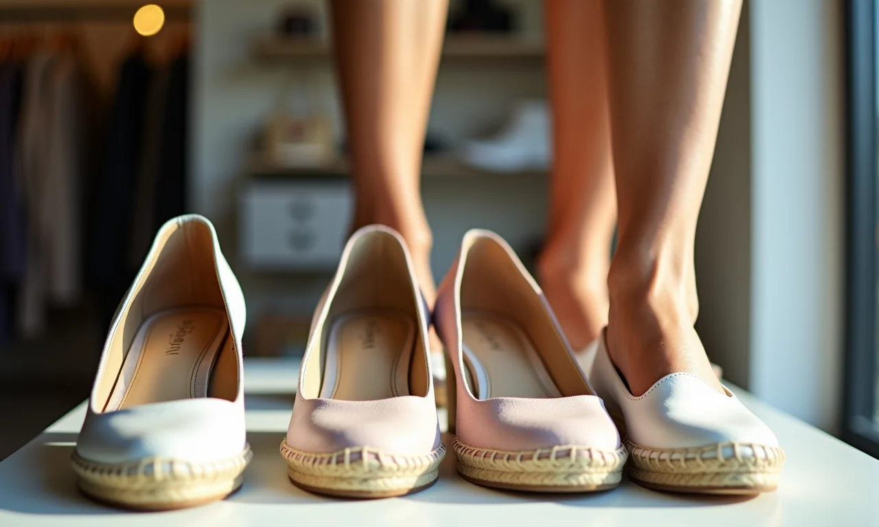 Mulher escolhendo entre espadrilles de salto alto e rasteiras em boutique.