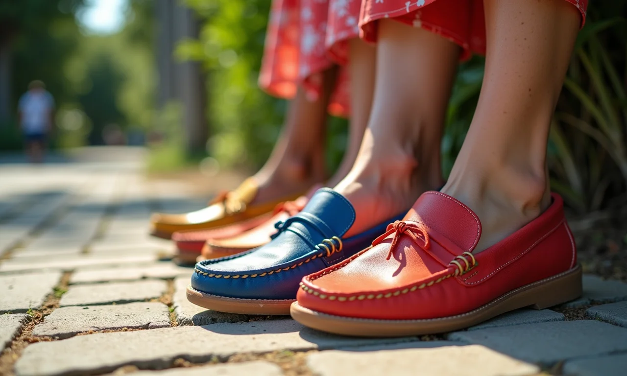 Mulher escolhendo mocassins coloridos para usar no verão.