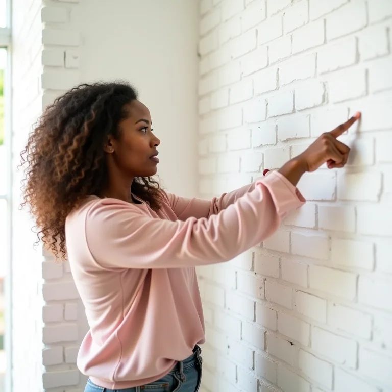 Mulher escolhendo parede para revestimento de tijolinho branco