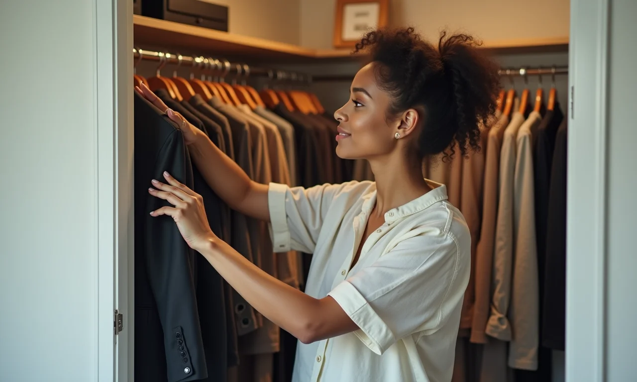 Mulher escolhendo roupa em closet organizado após consultoria.