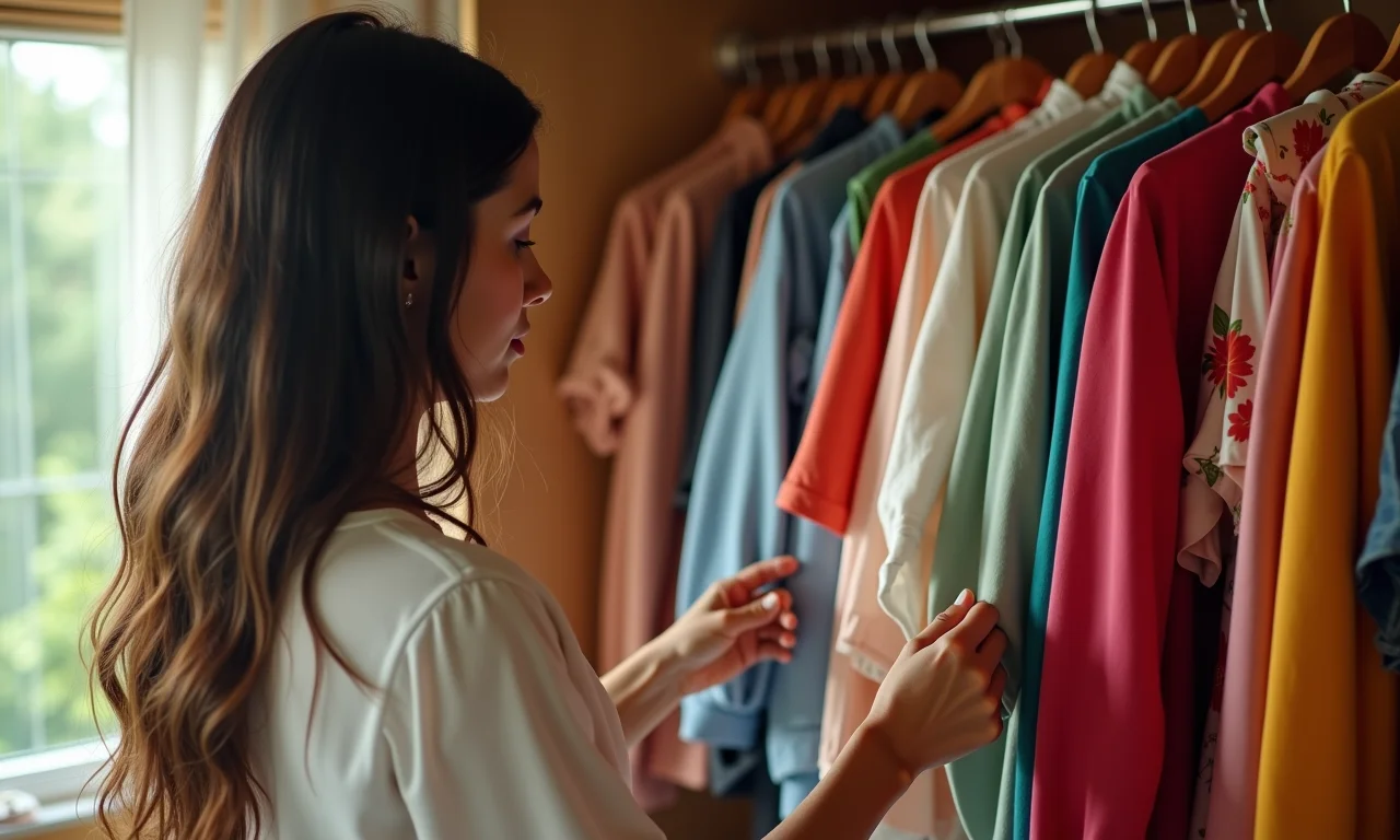 Mulher escolhendo roupa em guarda-roupa colorido.