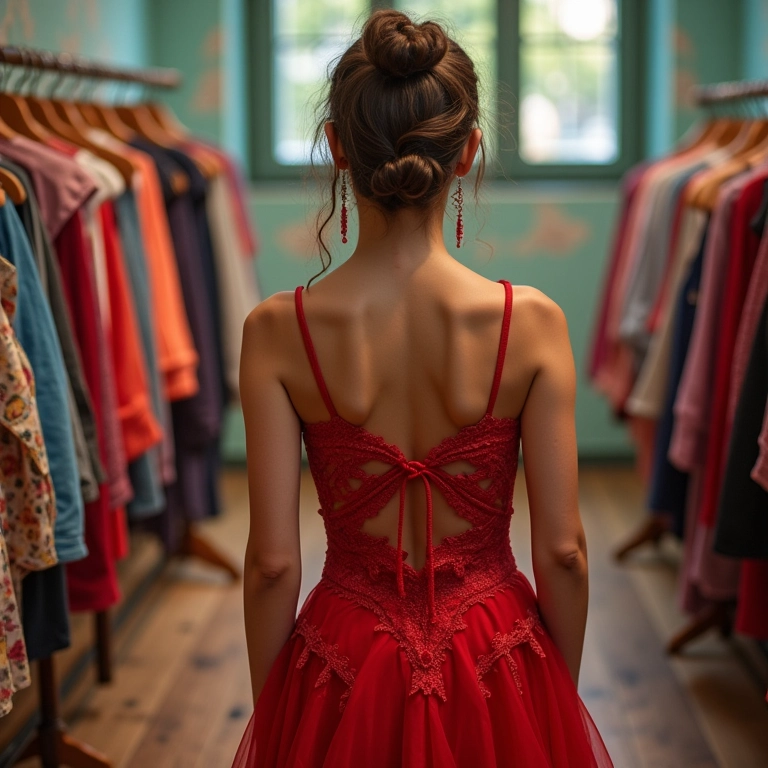 Mulher escolhendo roupa para dançar, roupas coloridas.